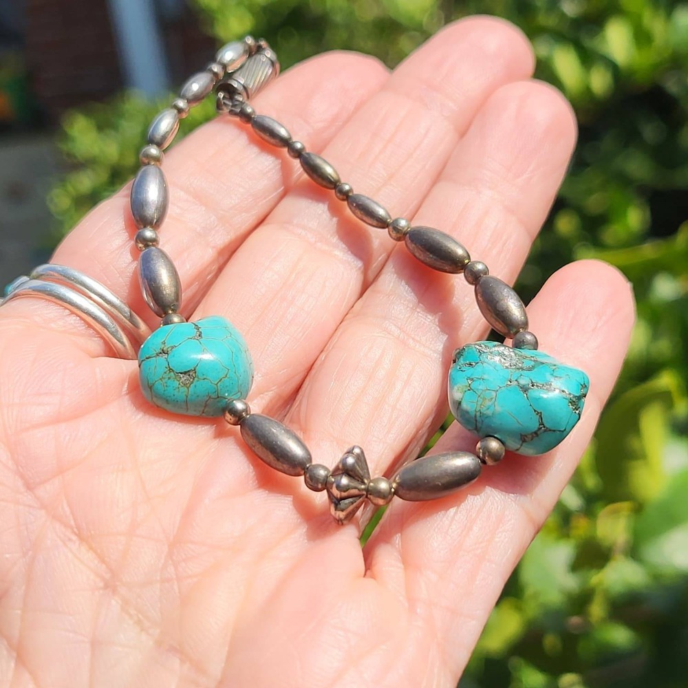 Vintage Turquoise Sterling Silver Melon Bead Bracelet Blue Southwestern - Picture 5 of 10